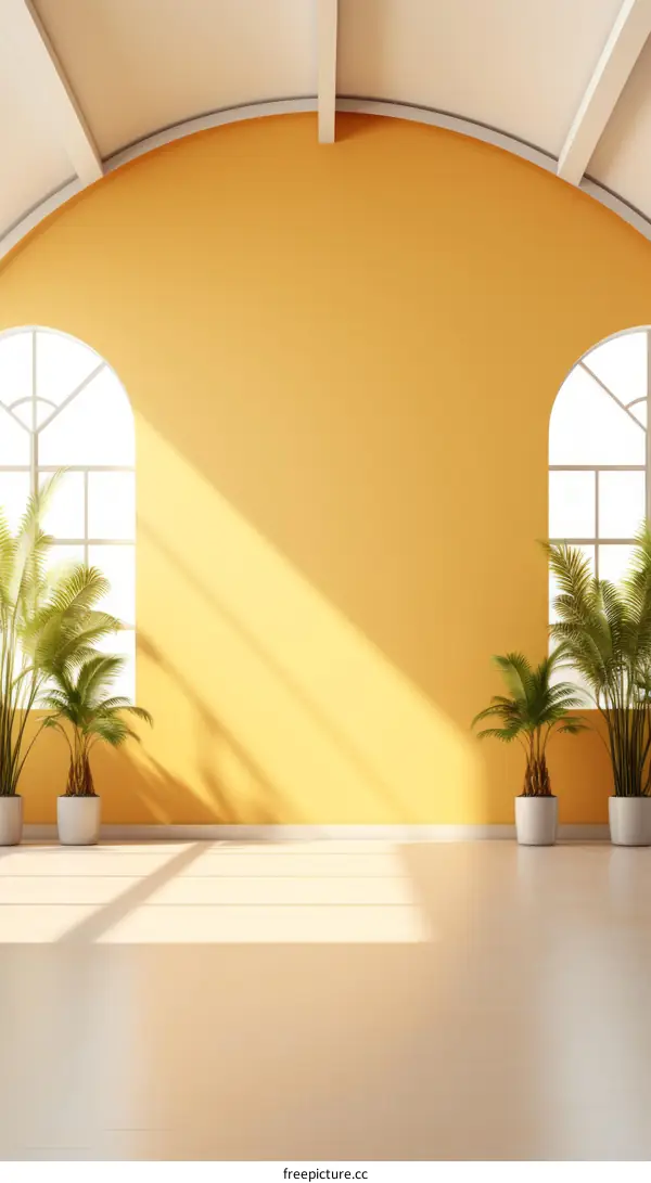 Inviting Bright Yellow Room with Arched Ceiling and Windows