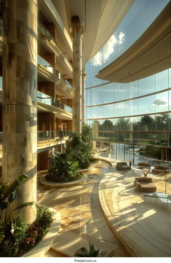 atrium of a modern hotel with a large glass window