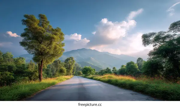 Mountain Road at Sunrise with Lush Vegetation