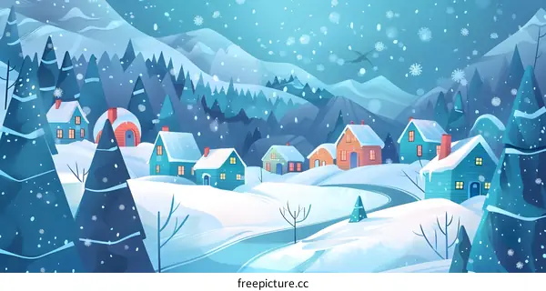 Snowy Village Landscape Illustration with Mountains