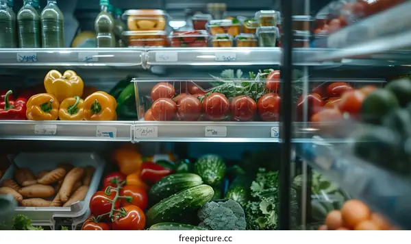 Fresh vegetables and fruits in the supermarket refrigerator