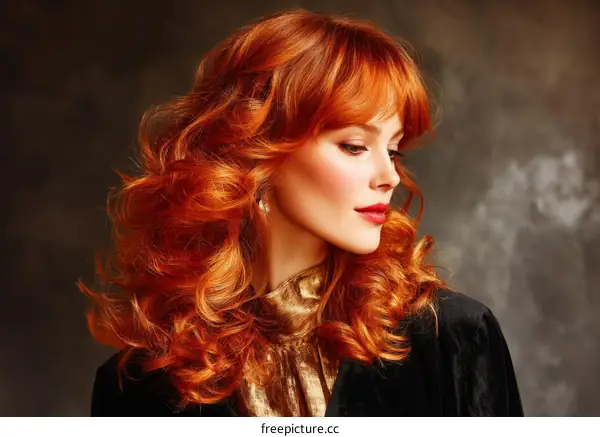 Red Haired Woman with Curly Wavy Hair and Golden Blouse