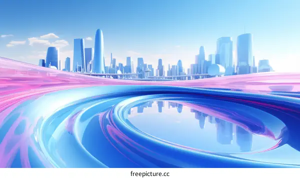 Blue and pink futuristic city with skyscrapers and highways