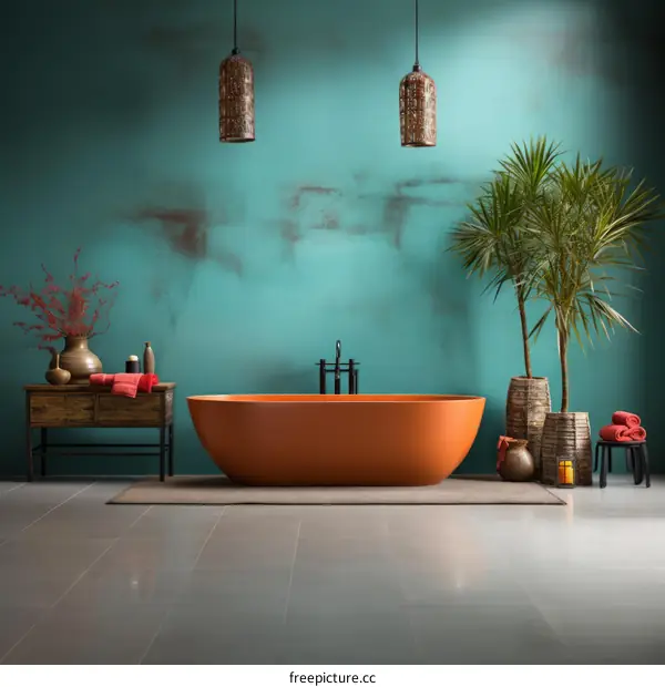 Stylish Bathroom with Orange Soaking Tub and Plants