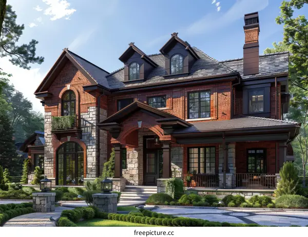 A large brick house with a dark roof and a large front yard