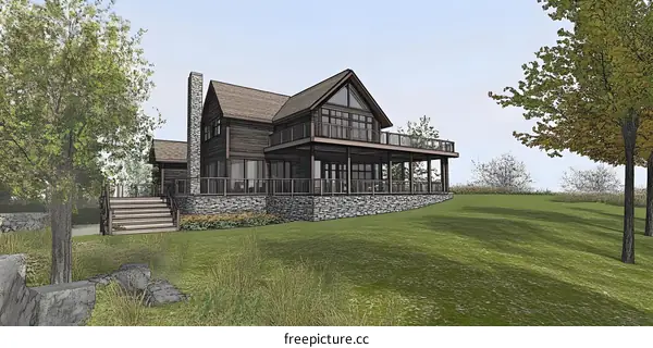 Modern House Design with Stone Fireplace and Large Deck