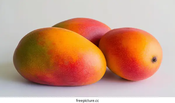 Three ripe mangoes on a white background