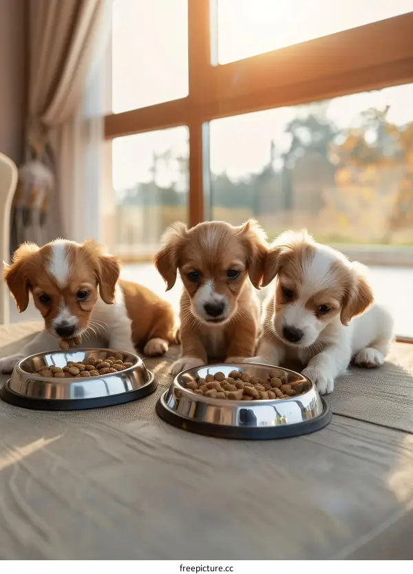 Three puppies eating from bowls
