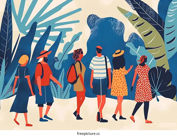 Group of People Walking Through a Tropical Forest Illustration