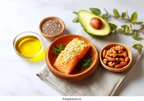 Healthy Food Combination of Salmon Avocado Nuts and Olive Oil