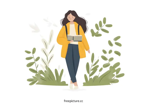 Girl Holding Book in Yellow Jacket with Green Plants