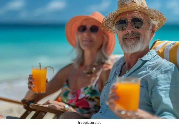 Happy senior couple on a beach vacation drinking cocktails