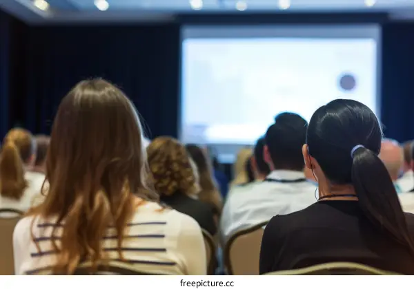 Business conference audience watching presentation on screen