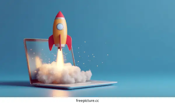 Rocket Launching from Laptop Startup Illustration