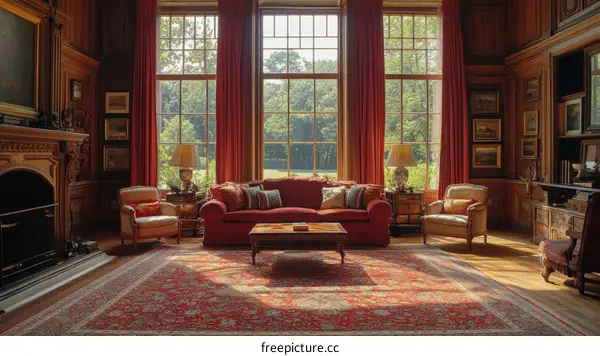 Luxurious Library Living Room with Large Windows