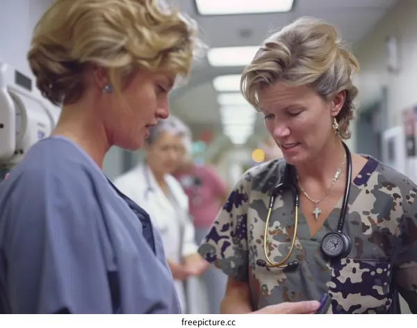 Two female nurses are talking in a hospital hallway