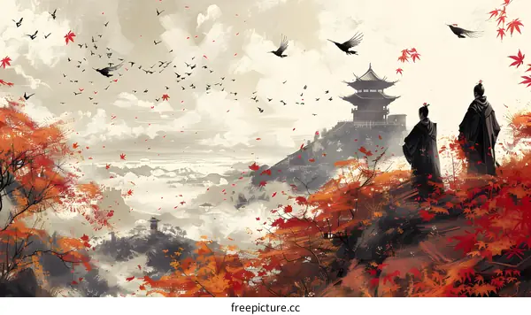 Two People Standing in a Mountain Landscape with a Temple in the Distance