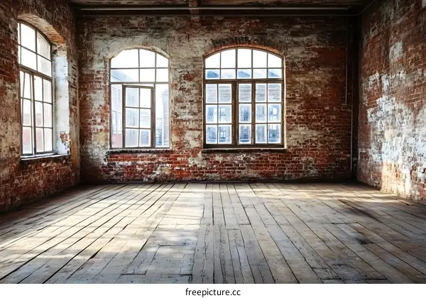 Empty Room With Large Windows and Brick Walls