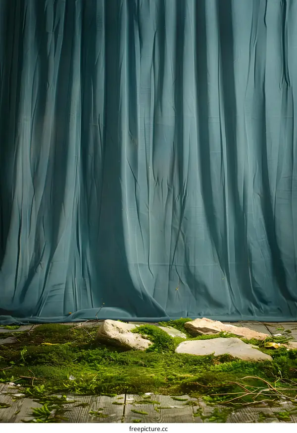 Green Curtain Background With Moss and Rocks