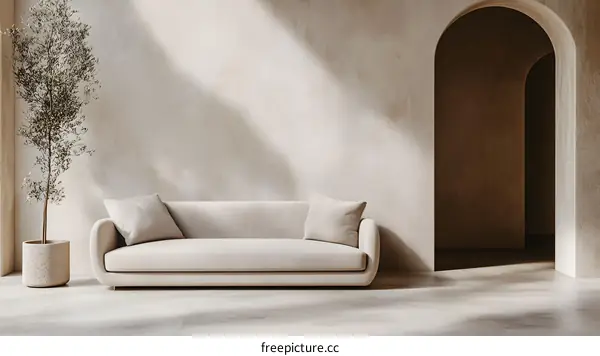 Minimalist Living Room Interior Design with Beige Sofa and Archway