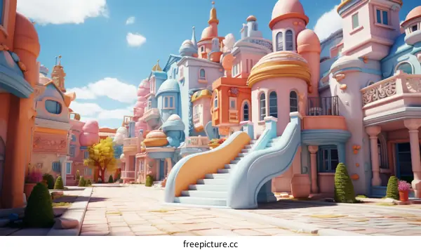 Whimsical Cityscape: Pastel Buildings and a Blue Sky