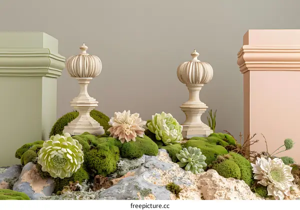 White Finials on Green Moss and Stones