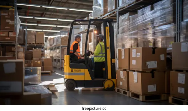 Two warehouse workers drive a forklift in a warehouse full of cardboard boxes.