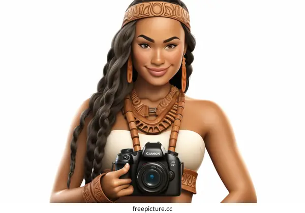 An illustration of a young woman wearing a traditional headdress and holding a camera.