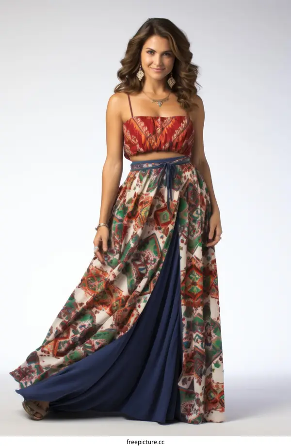 A woman wearing a colorful two-piece dress