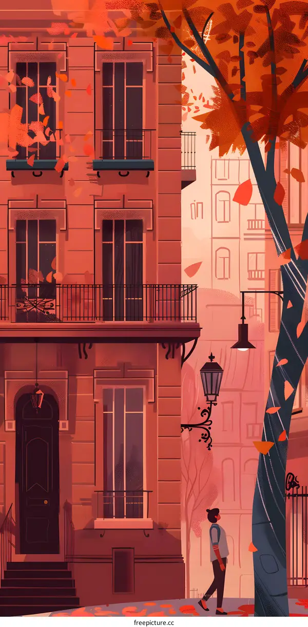 Autumn Day in City with One Person Walking