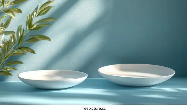 Empty White Dish Product Display Against Light Blue Background
