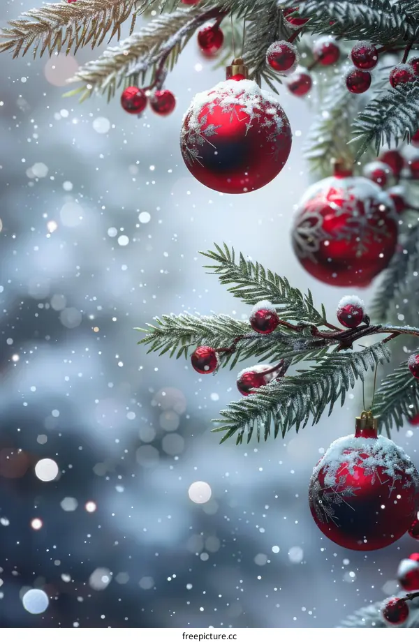 Snowy Christmas Decorations on a Branch