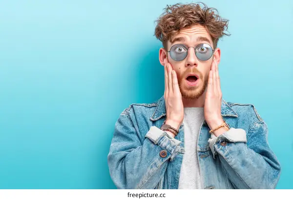 Surprised Caucasian Man in Denim Jacket and Sunglasses