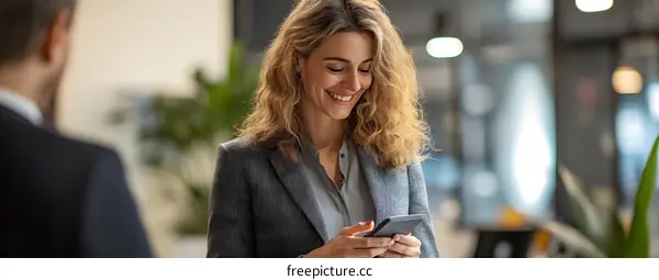 Smiling Businesswoman Looking At Phone While Walking In Office