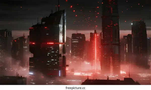 Cyberpunk Cityscape with Glowing Red Lights and Tall Buildings