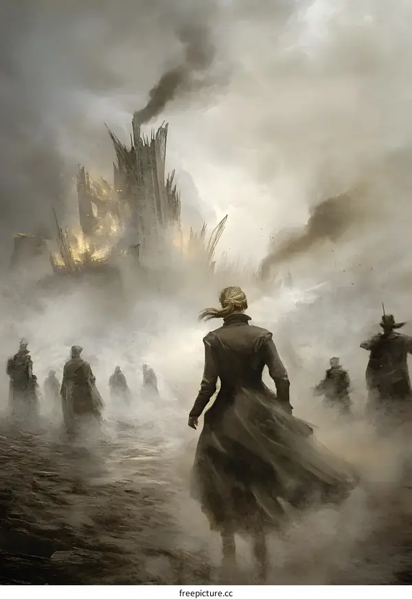 A Woman Walking Towards a Burning Tower