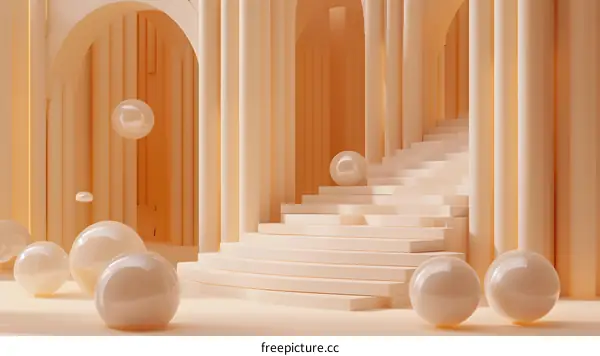 Abstract 3D Architecture with Staircase and Spheres