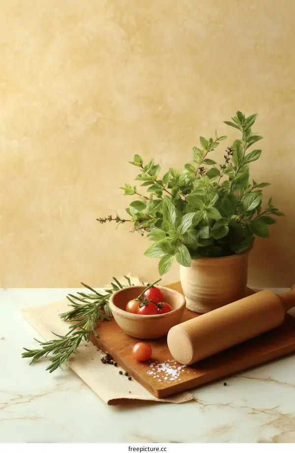 Rustic Kitchen Still Life with Herbs and Tomatoes