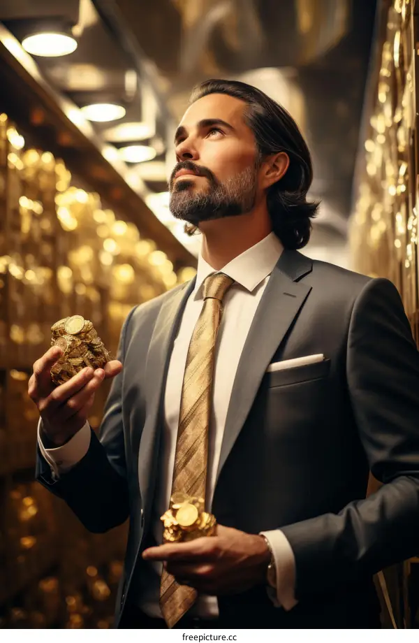 Wealthy Man in Suit Holding Gold