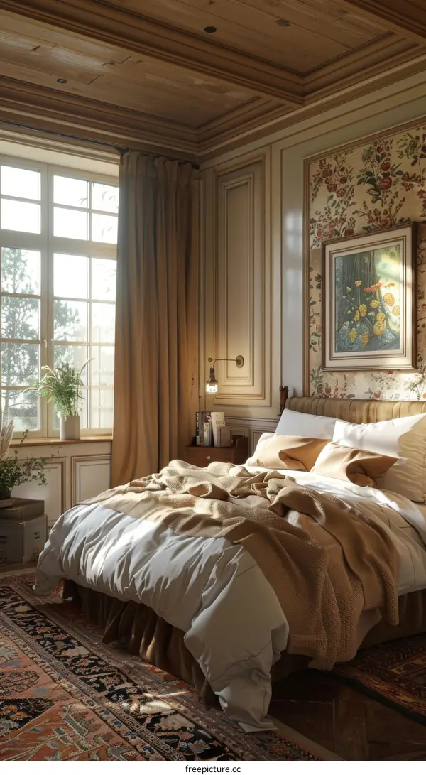 Rustic Bedroom Interior Design with Floral Wallpaper