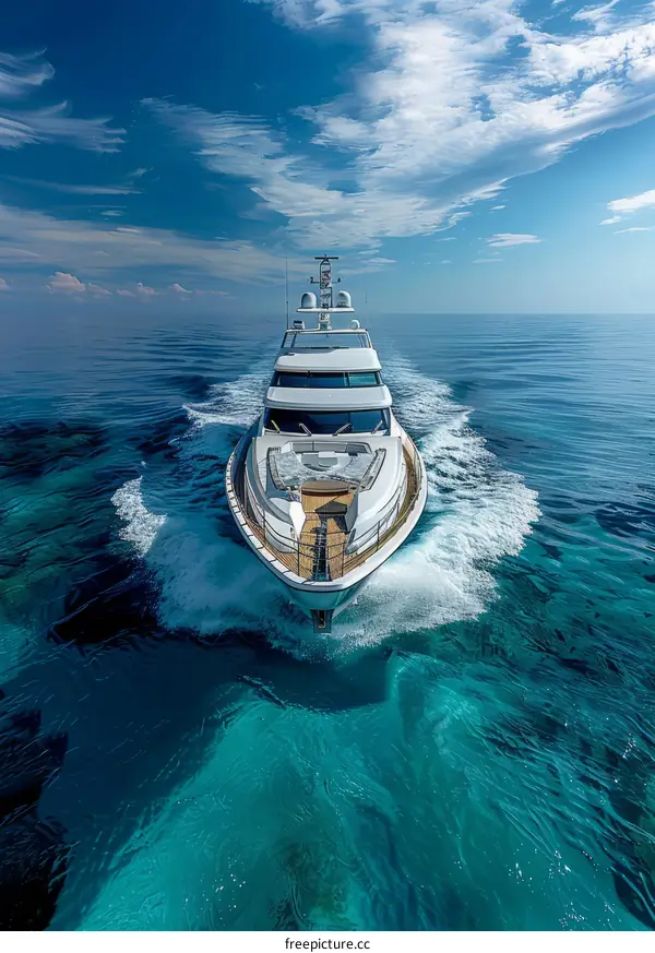 A luxury yacht is cruising in the open sea