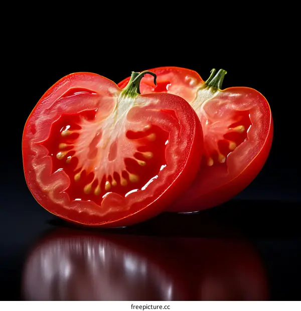 Close-up of Two Tomato Halves on Black Background
