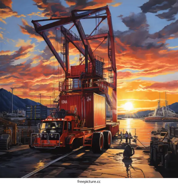 A large red container ship is being loaded with cargo at a busy port while the sun sets in the background