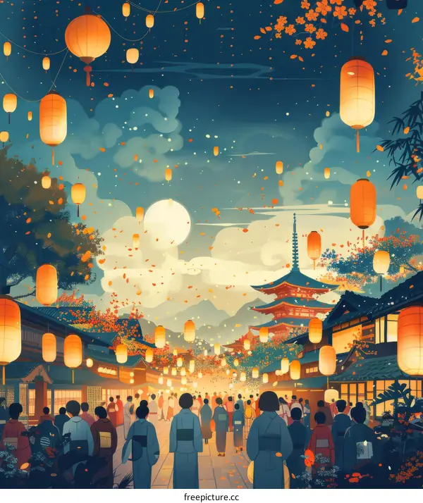 A Crowd of People in Traditional Japanese Clothing Walking Through a Street with Lanterns