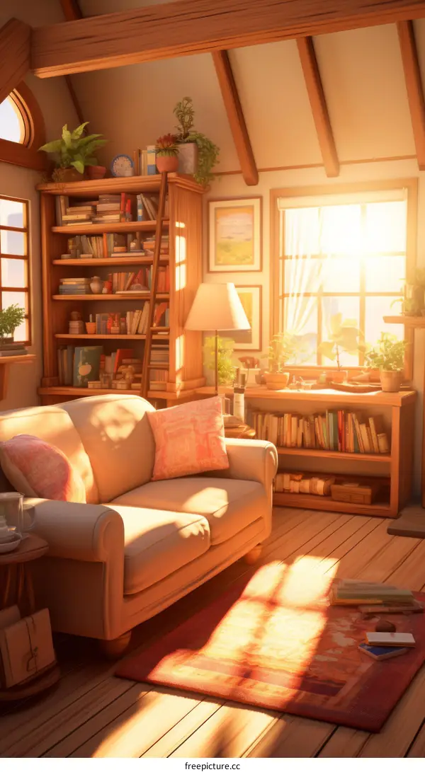 Cozy living room interior with bookshelves, sofa and rug