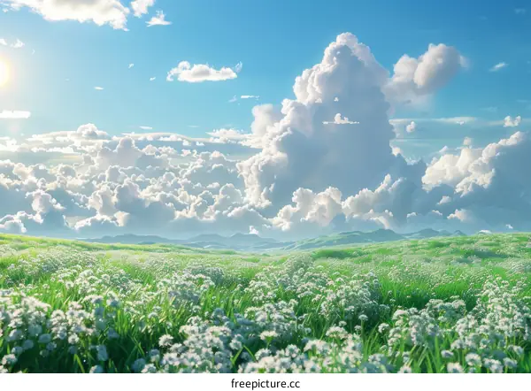 Green Grassland under the Blue Sky and White Clouds