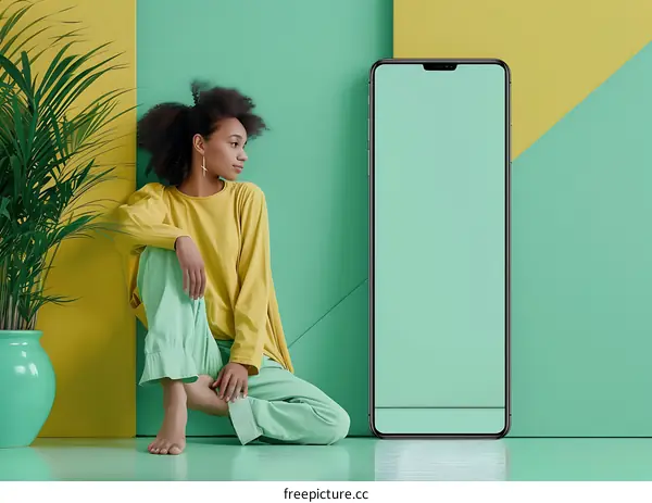 Woman in Yellow Shirt and Green Pants Sitting Next to Large Smartphone