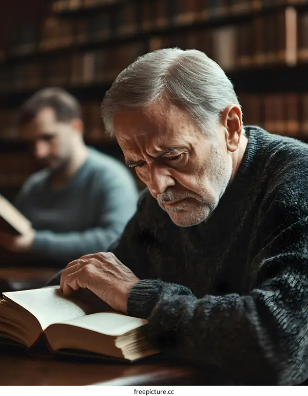 Elderly Man Reading Book in Library