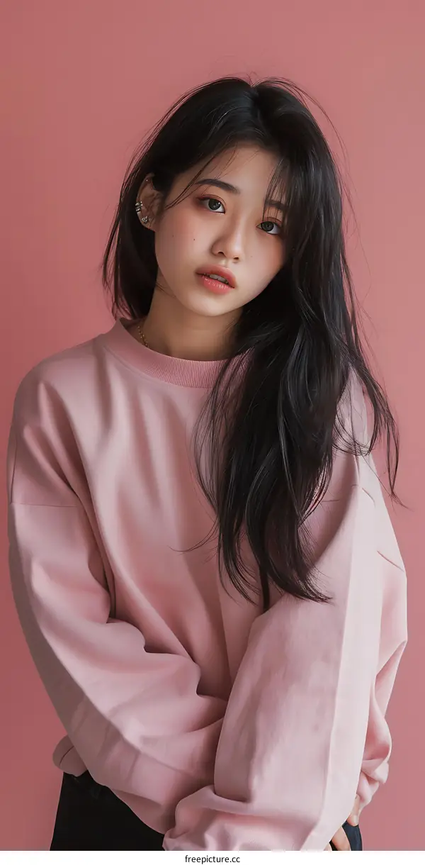 Portrait of an Asian Woman with Long Black Hair in a Pink Sweater