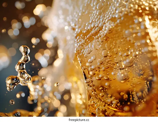 Closeup of Sparkling Golden Bubbles in Beverage